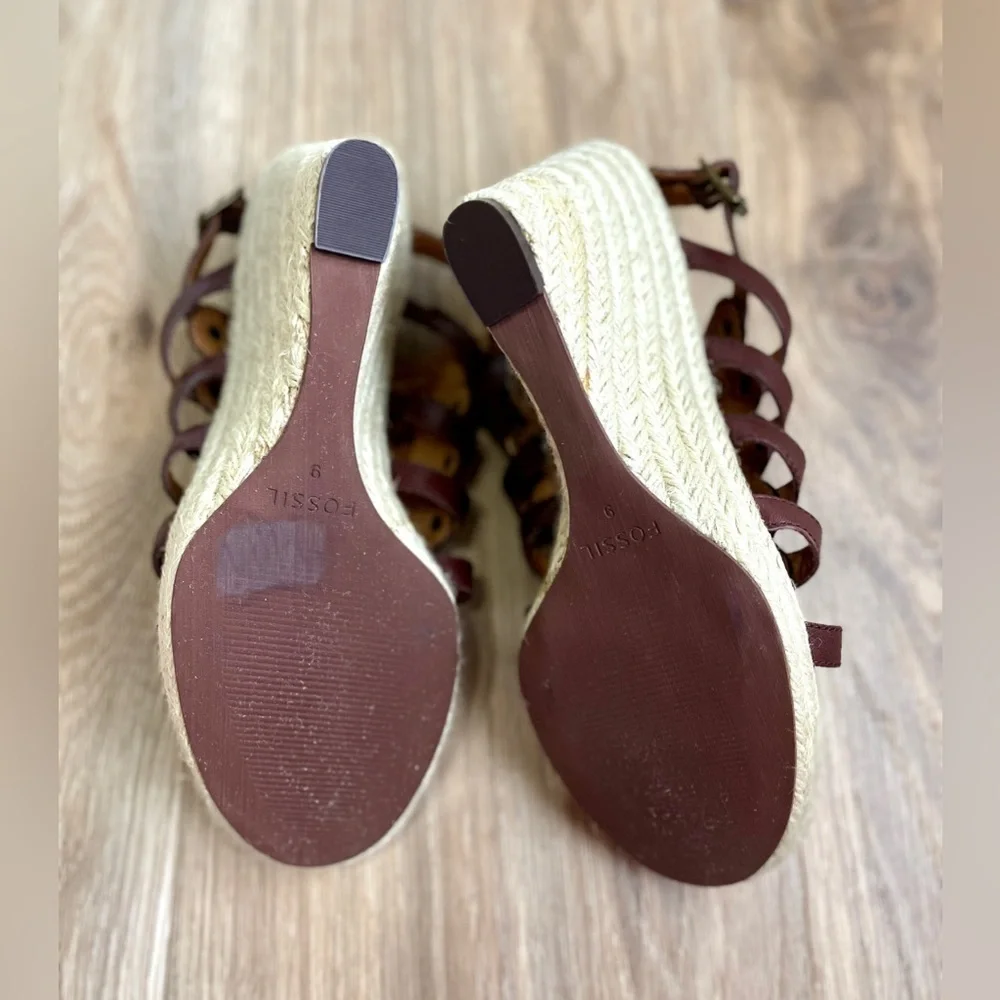 Fossil Women's Cassidy Woven Sand Wedge Sandals Brown Leather Size 9 M EUC